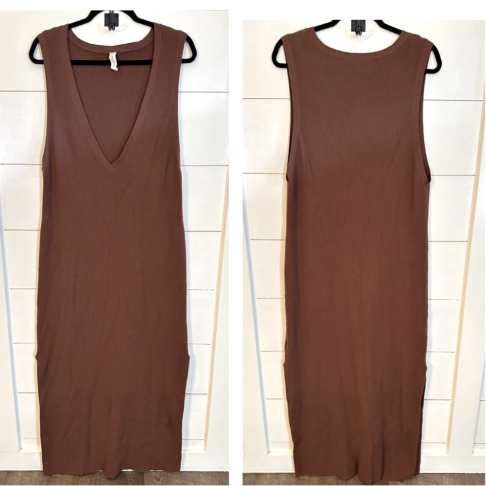 ANTHRO DAILY PRACTICE XL Slim V neck chocolate Brown ribbed sweater maxi dress - Picture 2 of 11